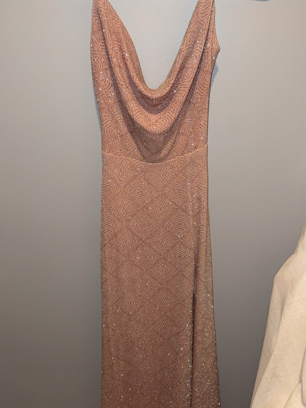Windsor Blush Rose Gold Sequined Cowl Neck Prom Gown